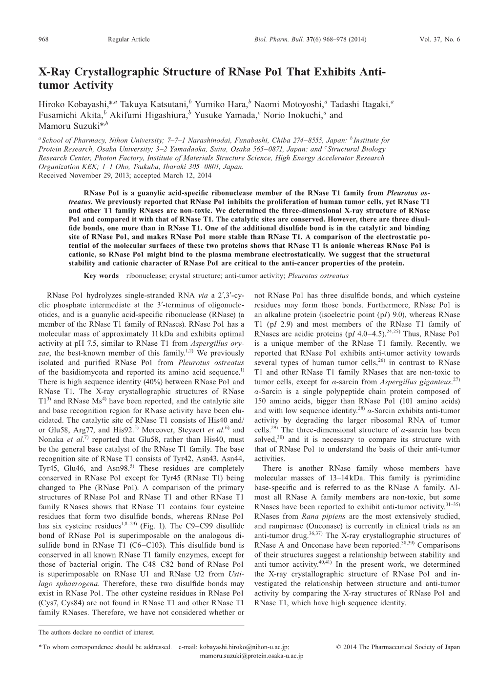 X-Ray Crystallographic Structure of Rnase Po1 That Exhibits Anti-Tumor