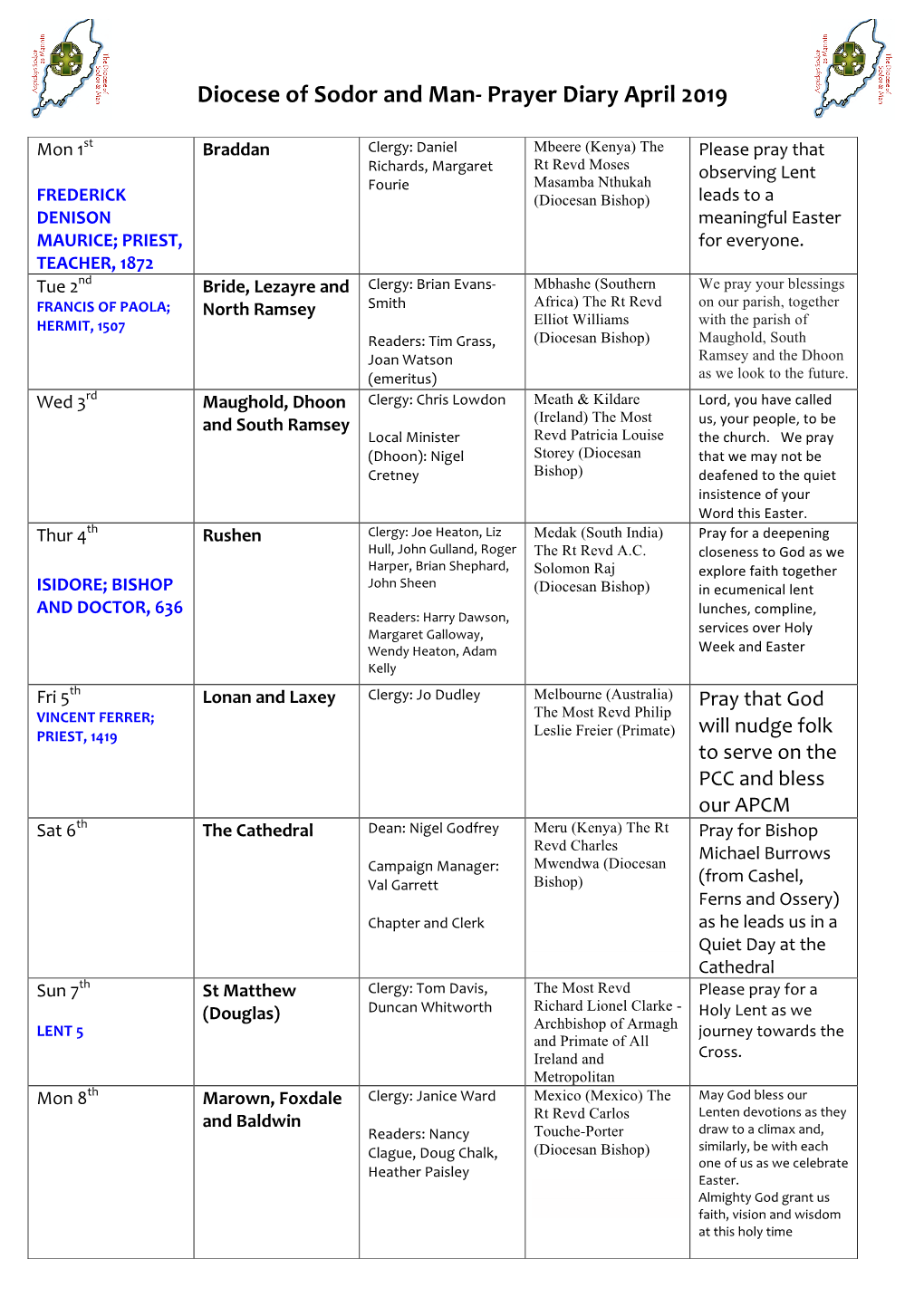 Diocese of Sodor and Man- Prayer Diary April 2019