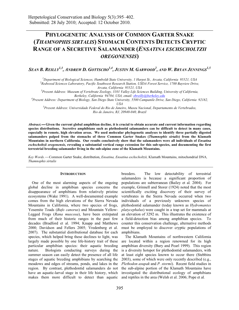 Thamnophis Sirtalis) Stomach Contents Detects Cryptic Range of a Secretive Salamander (Ensatina Eschscholtzii Oregonensis)