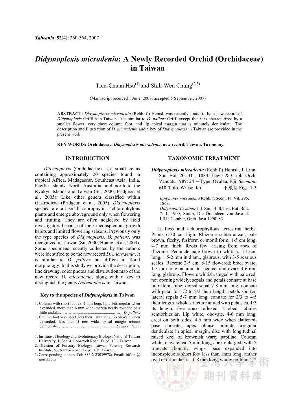 Didymoplexis Micradenia: a Newly Recorded Orchid (Orchidaceae) in Taiwan