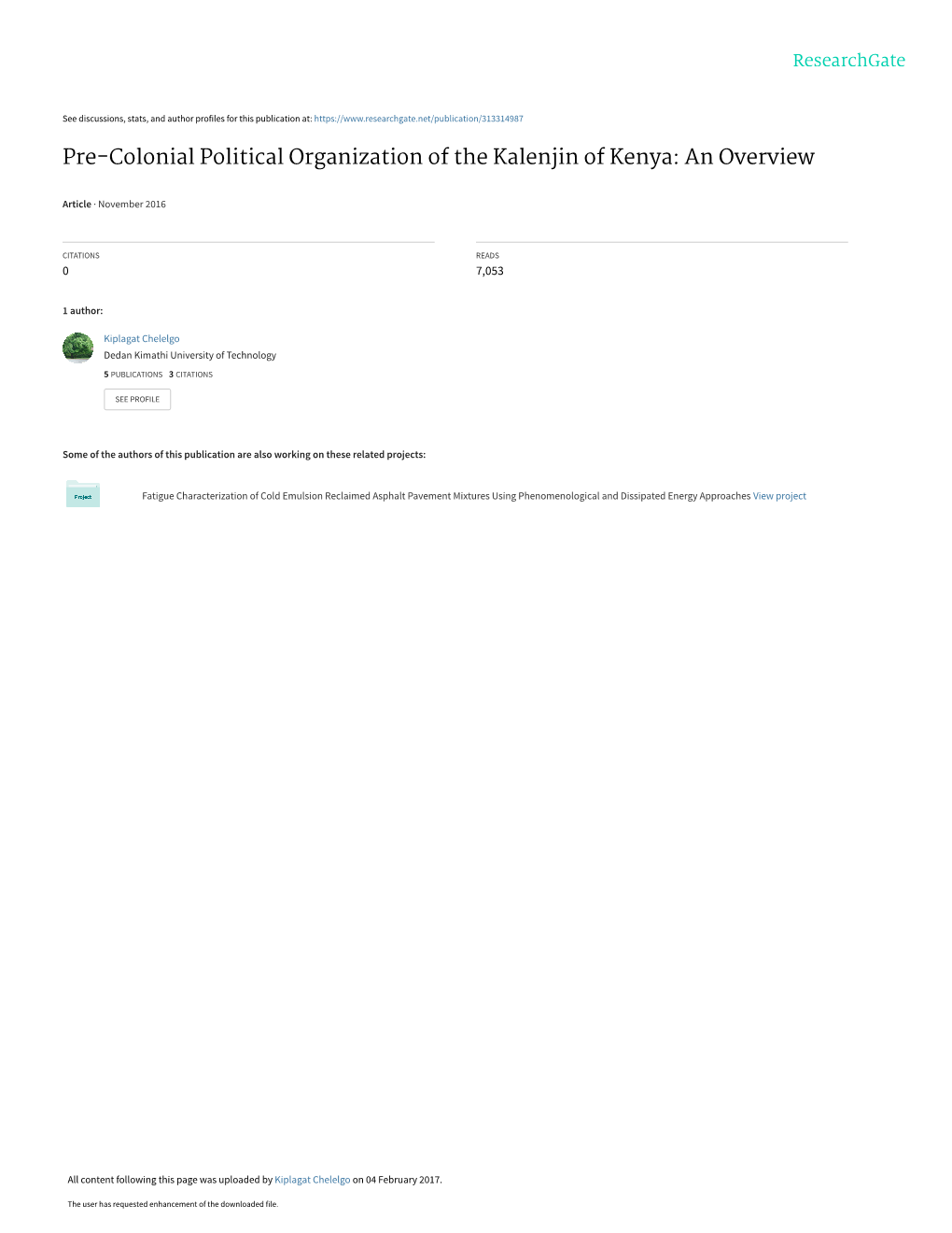 Pre-Colonial Political Organization of the Kalenjin of Kenya: an Overview