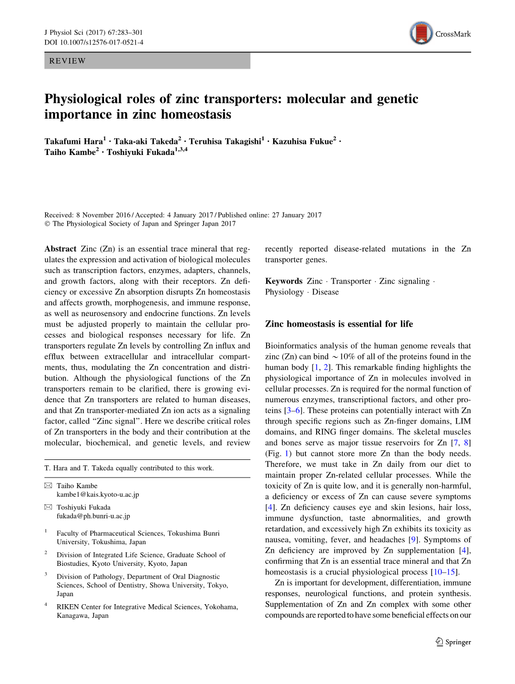 Physiological Roles of Zinc Transporters: Molecular and Genetic Importance in Zinc Homeostasis