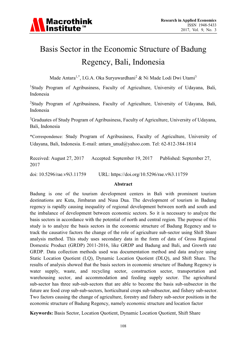 Basis Sector in the Economic Structure of Badung Regency, Bali, Indonesia