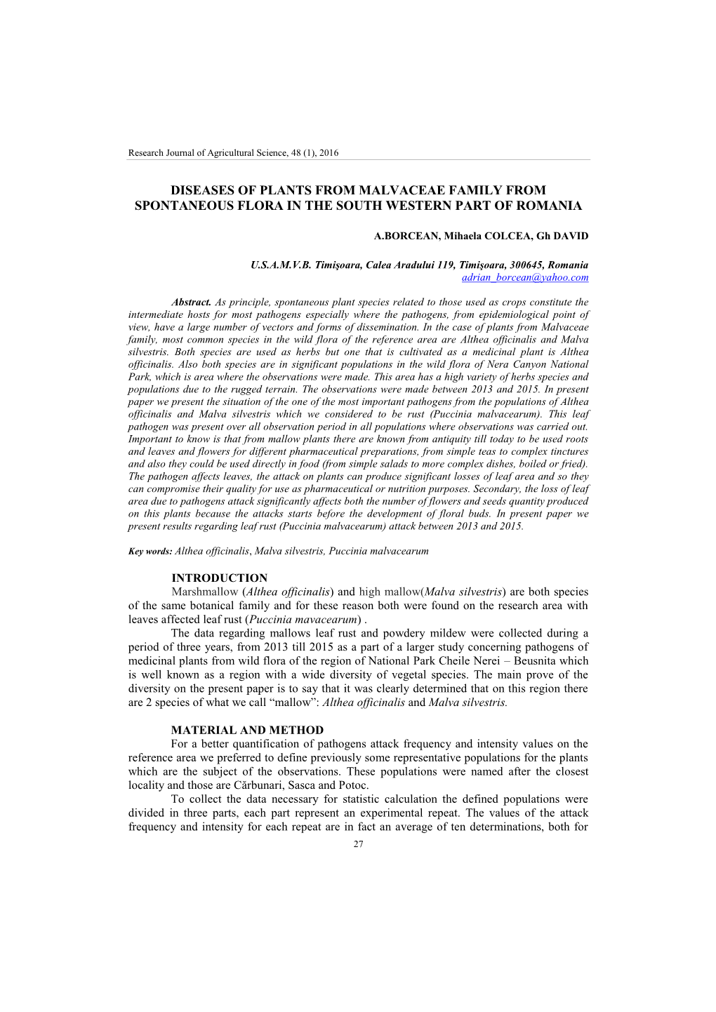 Diseases of Plants from Malvaceae Family from Spontaneous Flora in the South Western Part of Romania