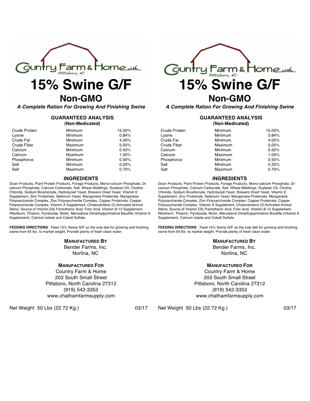 CFH Non GMO 15% Swine Feed