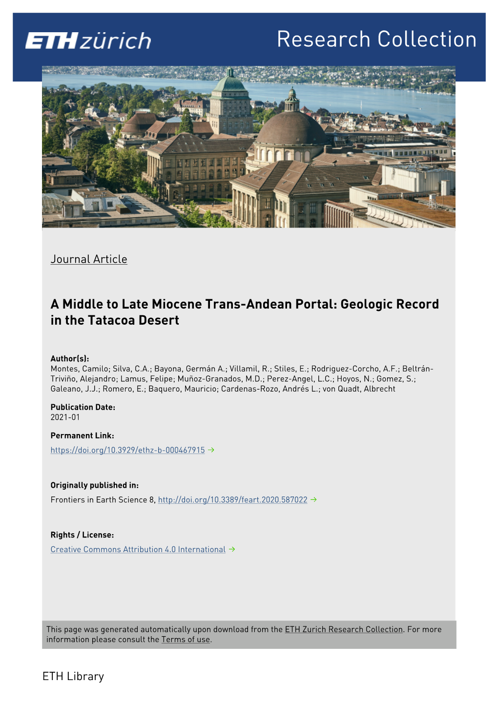 A Middle to Late Miocene Trans-Andean Portal: Geologic Record in the Tatacoa Desert