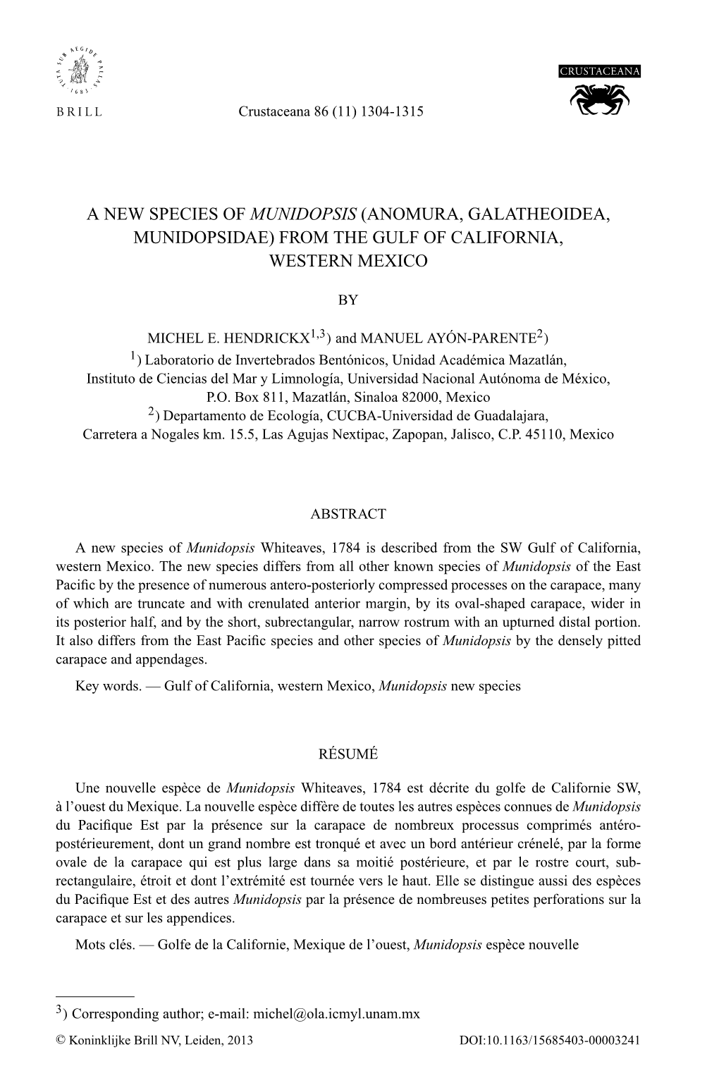 A New Species of Munidopsis (Anomura, Galatheoidea, Munidopsidae) from the Gulf of California, Western Mexico