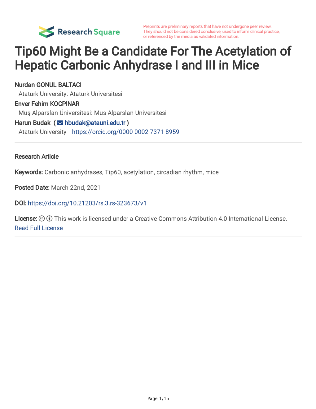 Tip60 Might Be a Candidate for the Acetylation of Hepatic Carbonic Anhydrase I and III in Mice