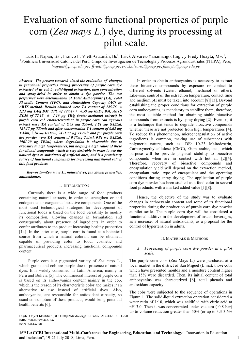 Evaluation of Some Functional Properties of Purple Corn (Zea Mays L.) Dye, During Its Processing at Pilot Scale