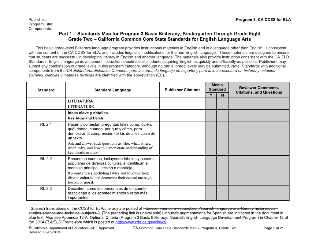 ELA Standards Map, Program 3 Grade 2 - Instructional Materials (CA Dept of Education)