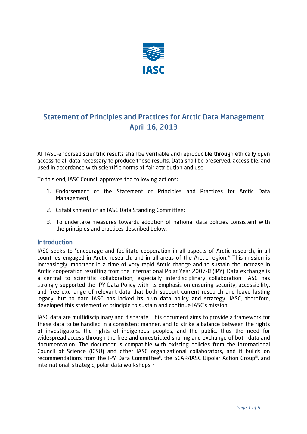 Statement of Principles and Practices for Arctic Data, IASC