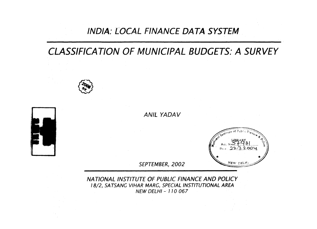 India: Local Finance Data System Classification Of