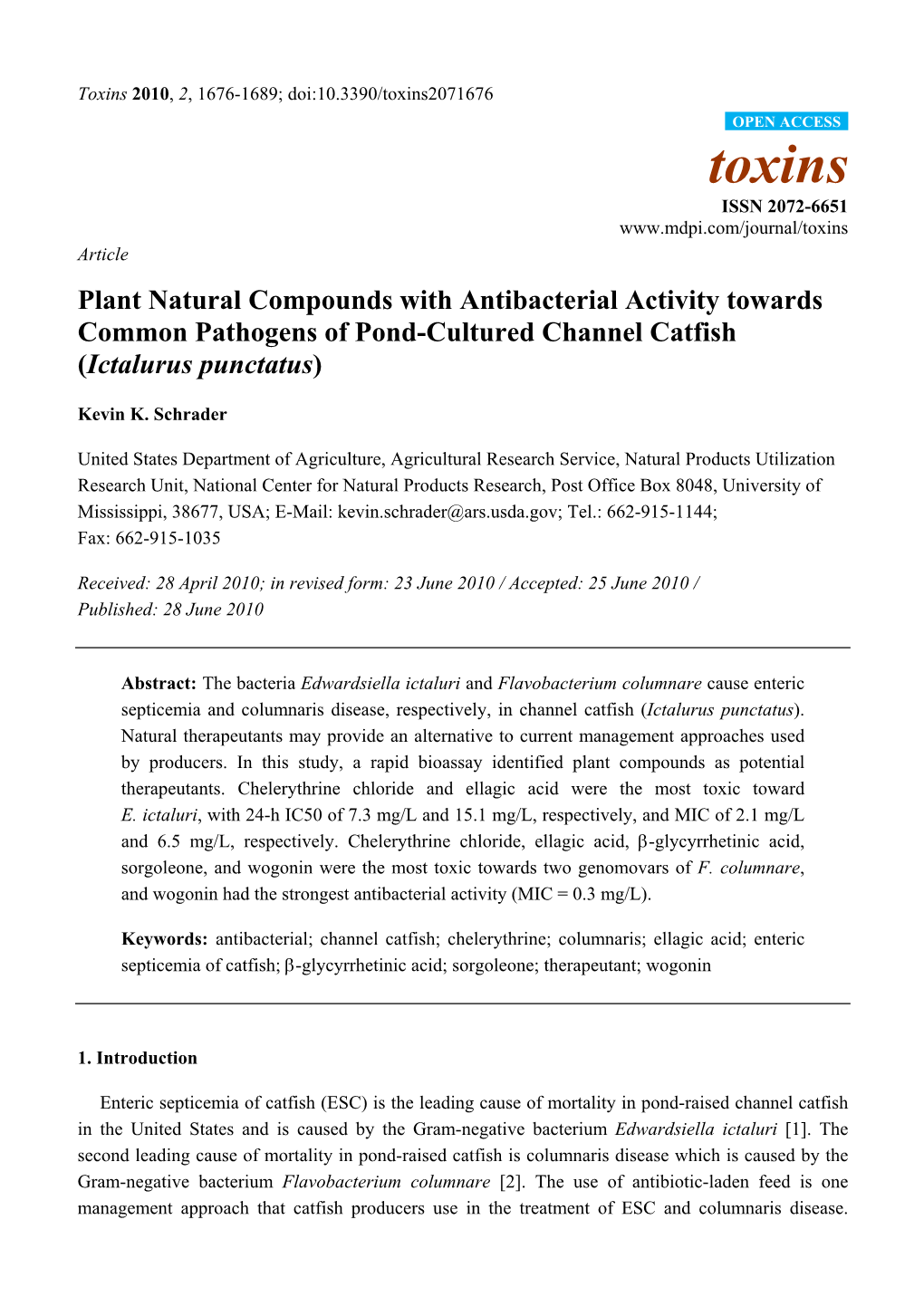 Plant Natural Compounds with Antibacterial Activity Towards Common Pathogens of Pond-Cultured Channel Catfish (Ictalurus Punctatus)