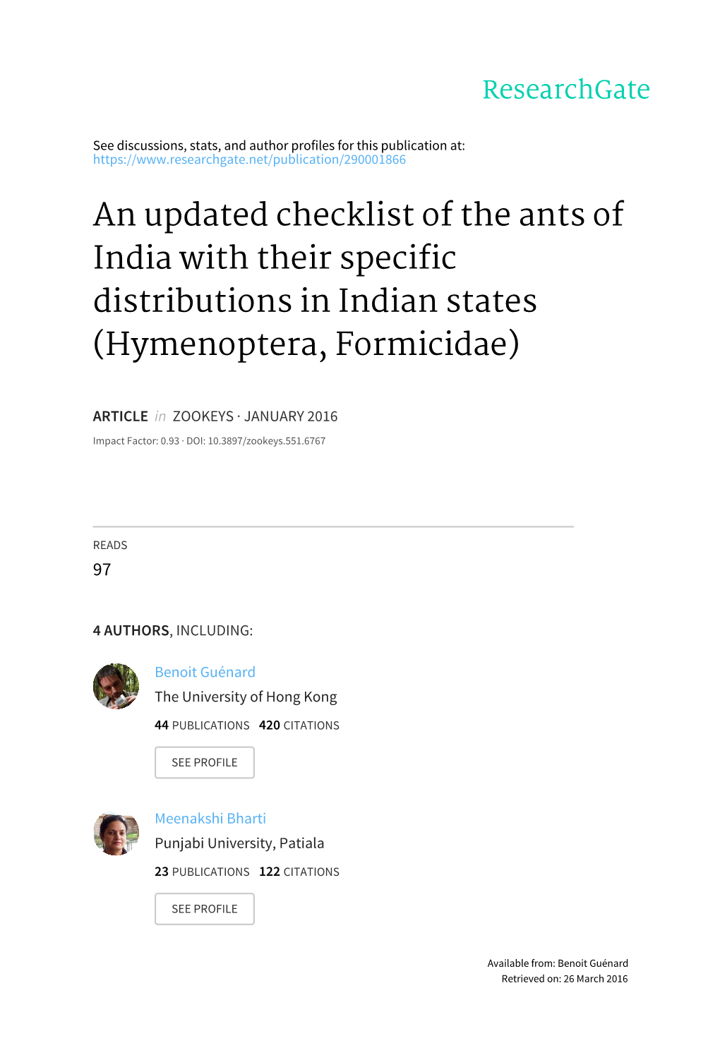 An Updated Checklist of the Ants of India with Their Specific Distributions in Indian States (Hymenoptera, Formicidae)