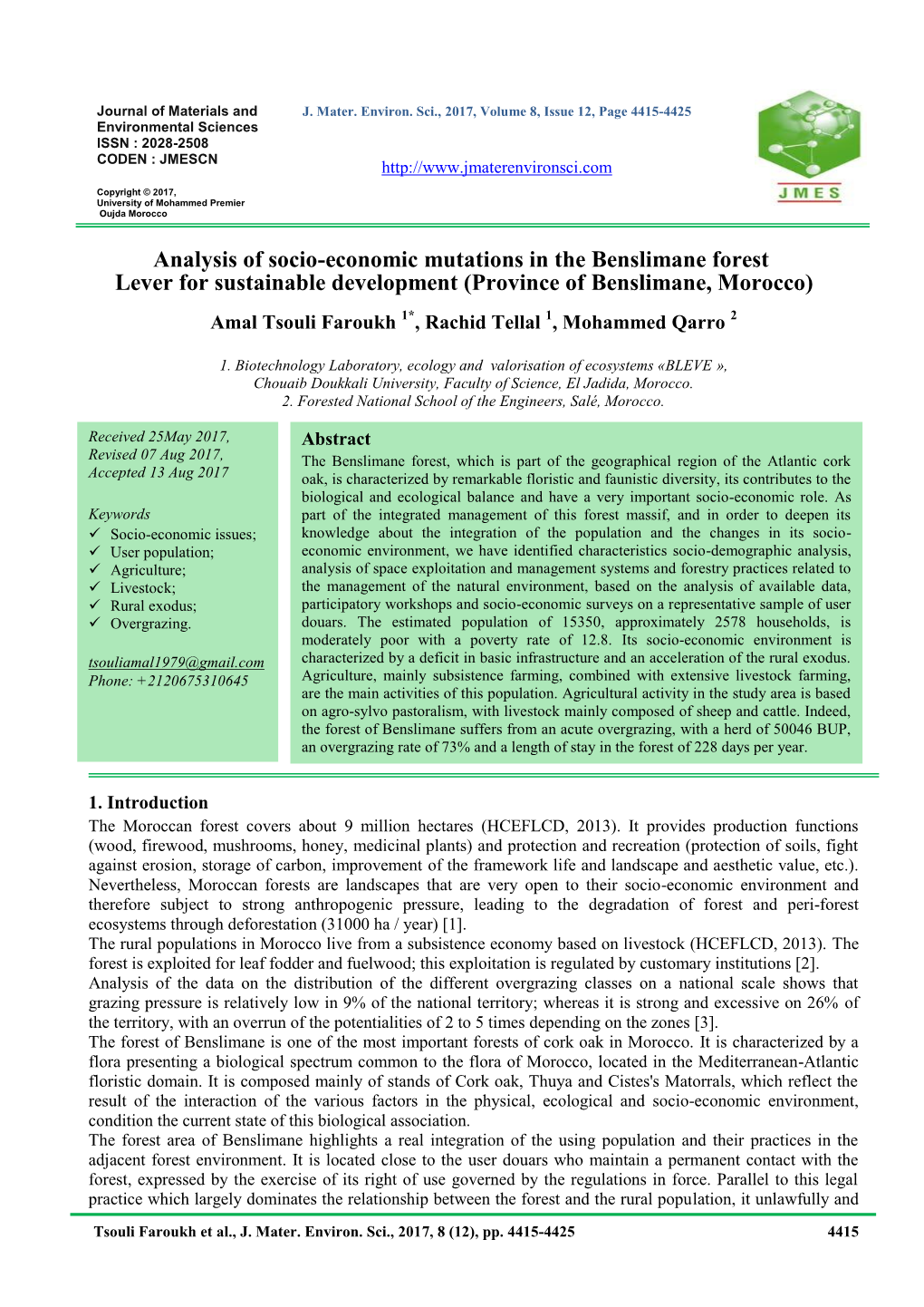 Analysis of Socio-Economic Mutations in the Benslimane Forest Lever For