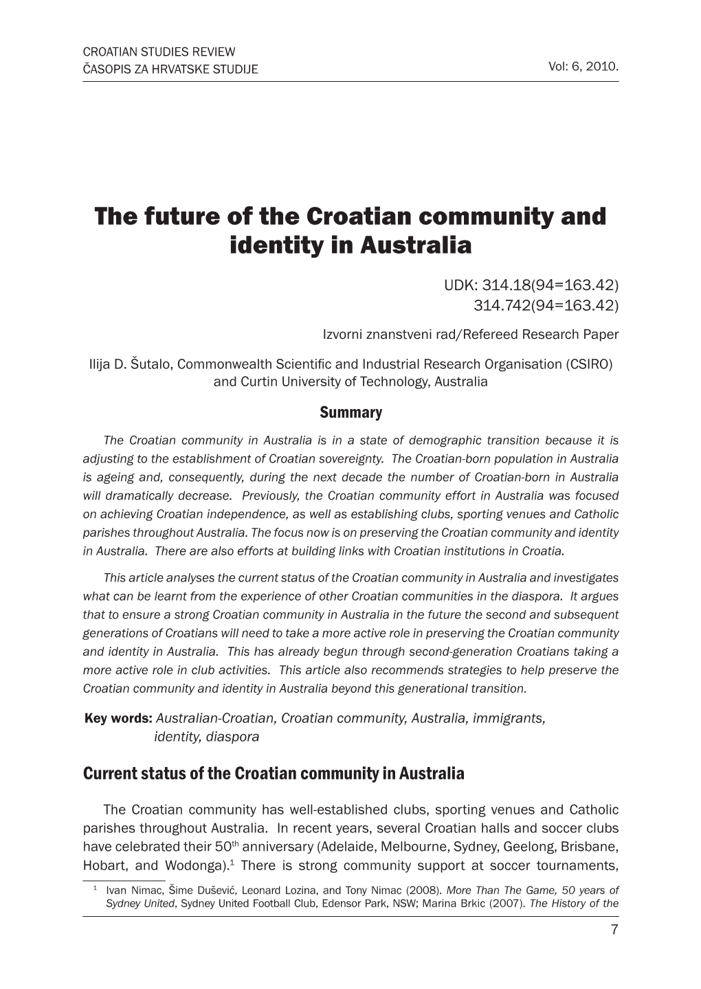 The Future of the Croatian Community and Identity in Australia