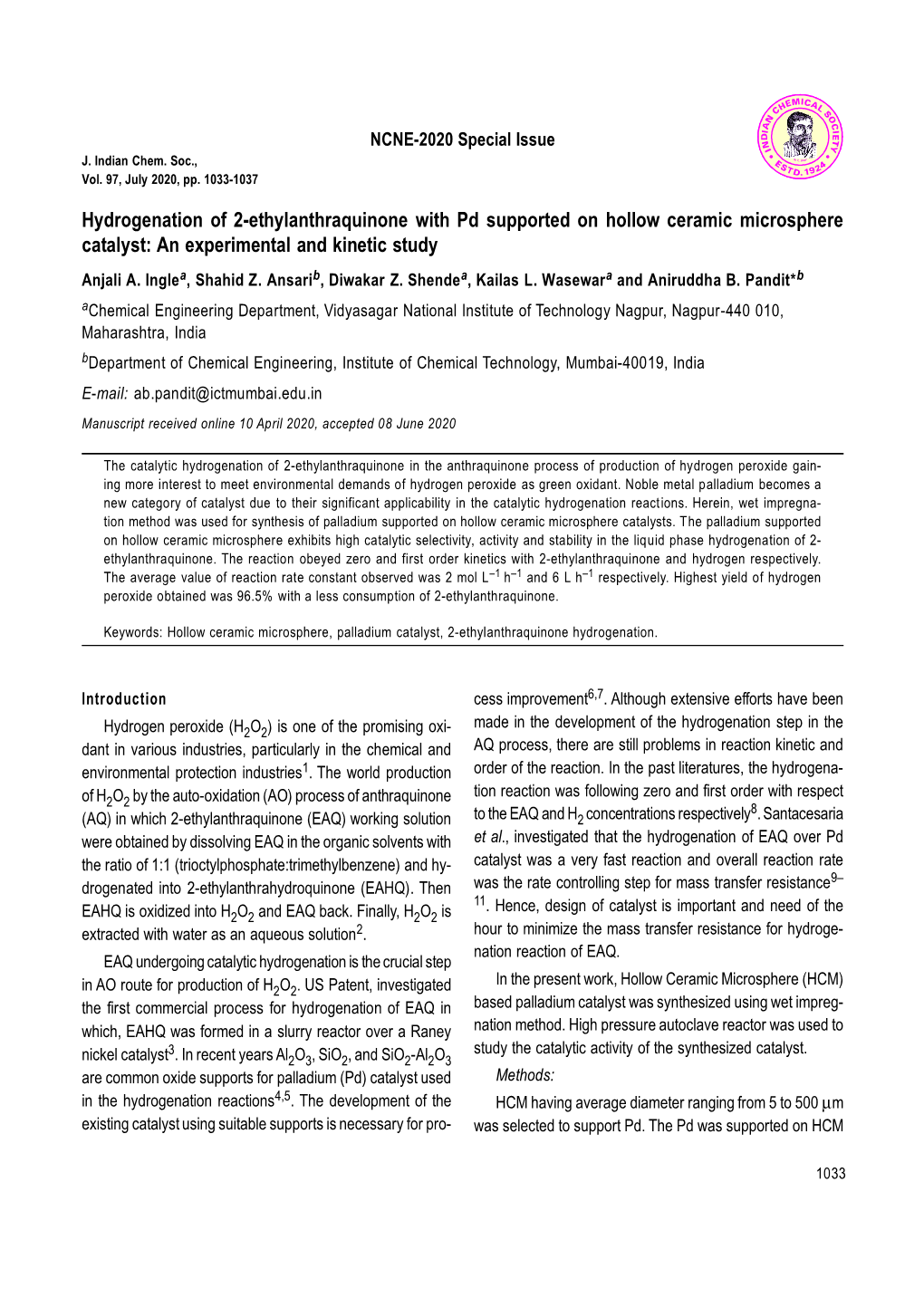 Hydrogenation of 2-Ethylanthraquinone with Pd Supported on Hollow Ceramic Microsphere Catalyst: an Experimental and Kinetic Study Anjali A