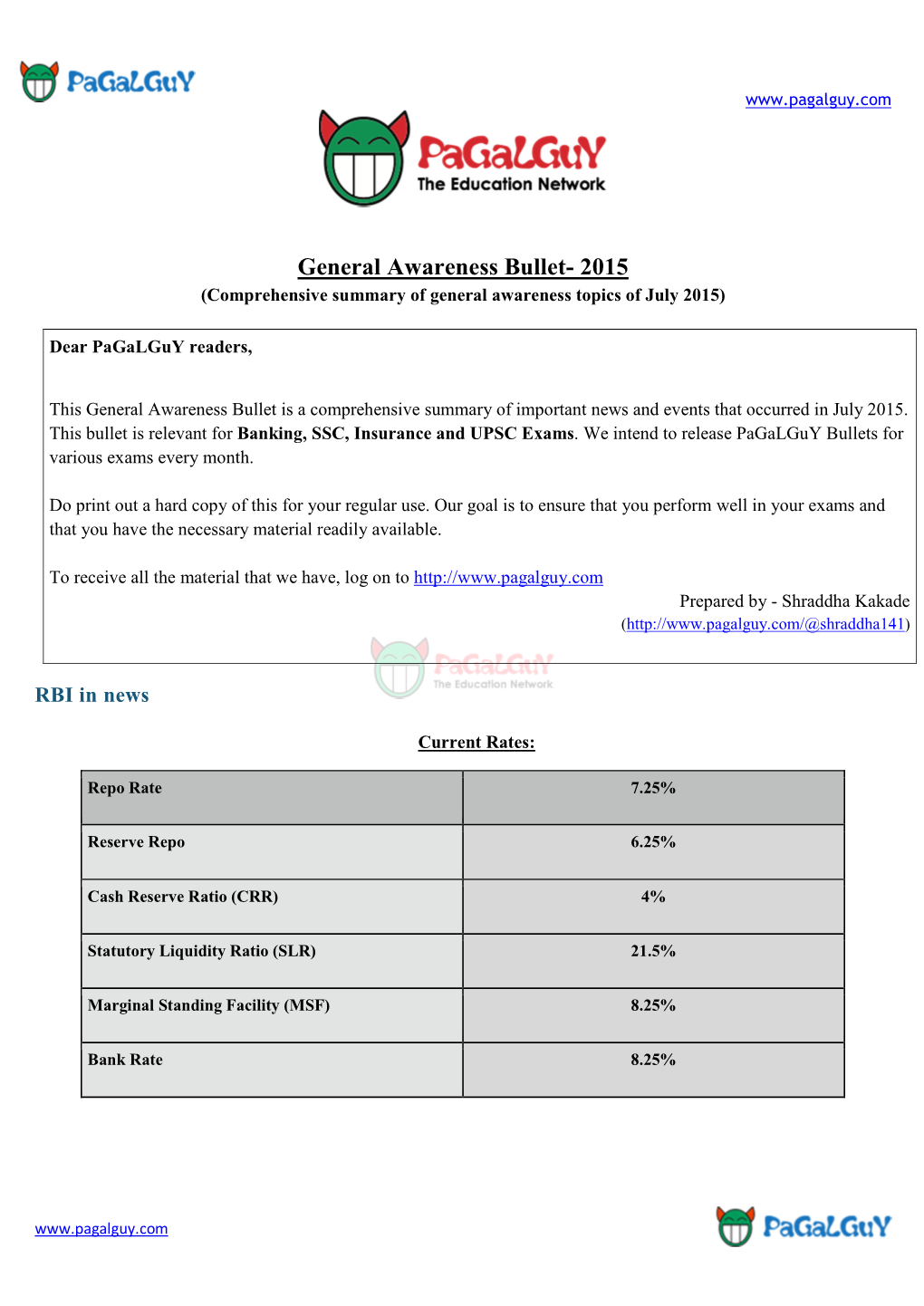 General Awareness Bullet- 2015 (Comprehensive Summary of General Awareness Topics of July 2015)