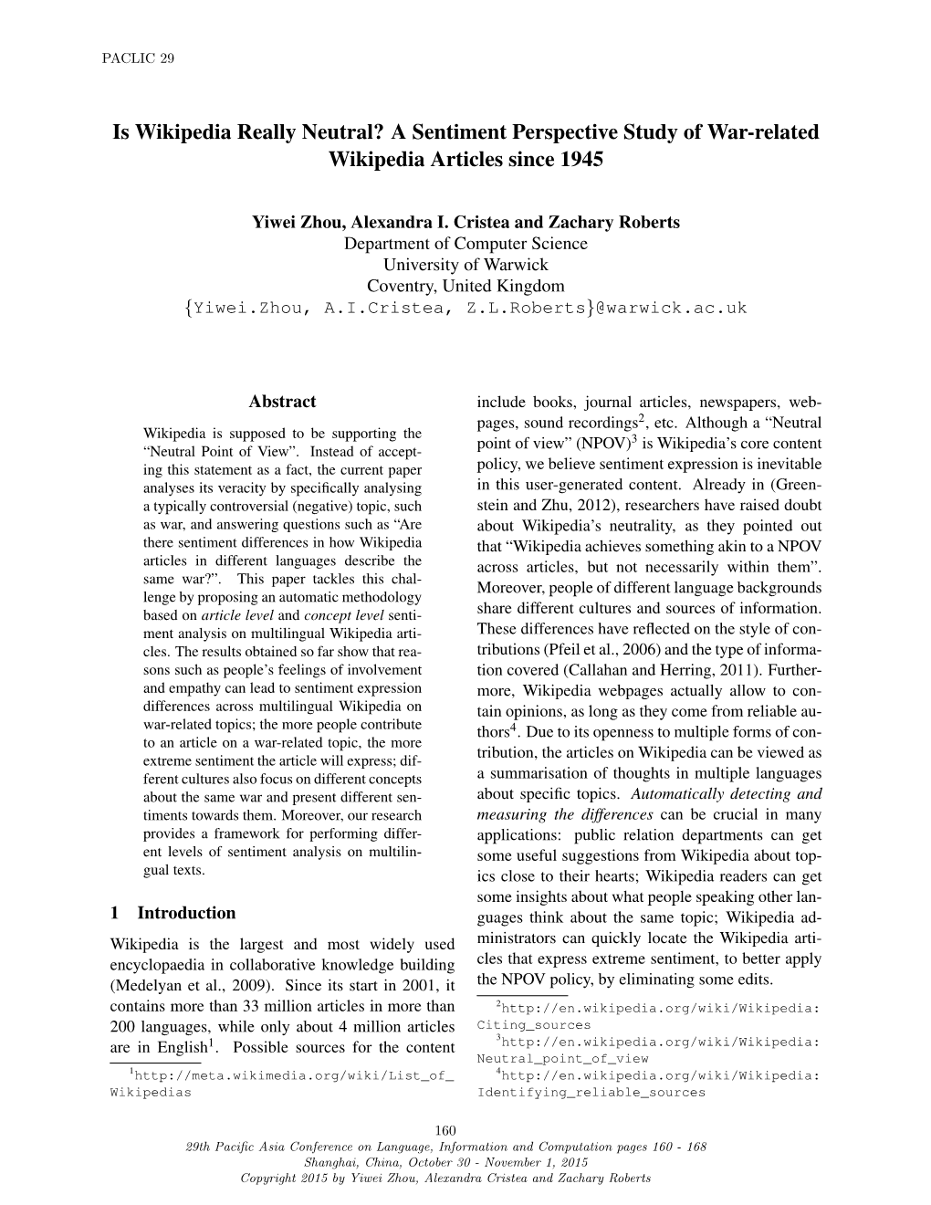 Is Wikipedia Really Neutral? a Sentiment Perspective Study of War-Related Wikipedia Articles Since 1945