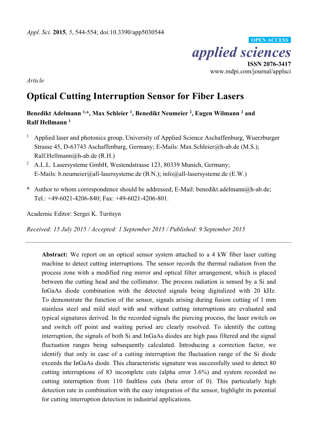 Optical Cutting Interruption Sensor for Fiber Lasers