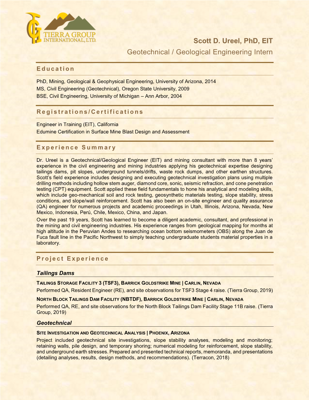 Scott D. Ureel, Phd, EIT Geotechnical / Geological Engineering Intern