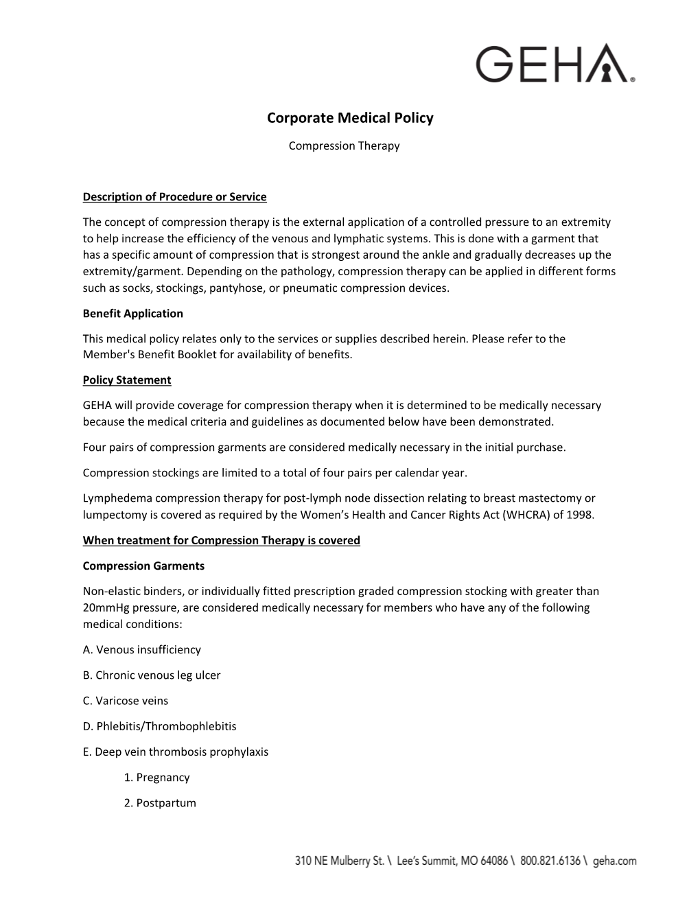 GEHA Coverage Policy: Compression Therapy