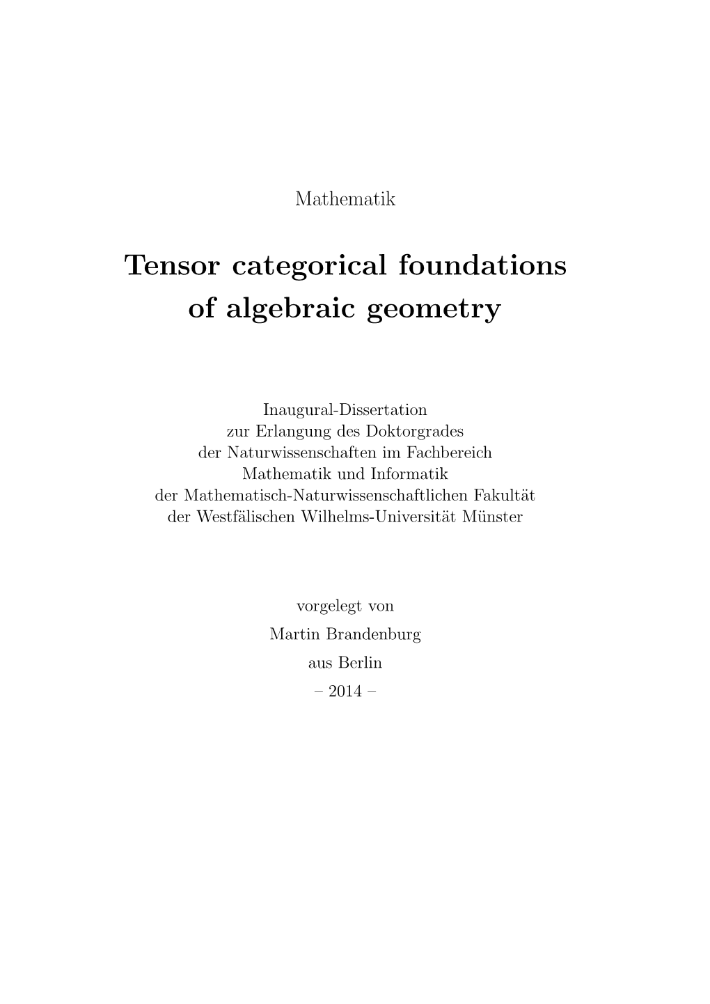 Tensor Categorical Foundations of Algebraic Geometry