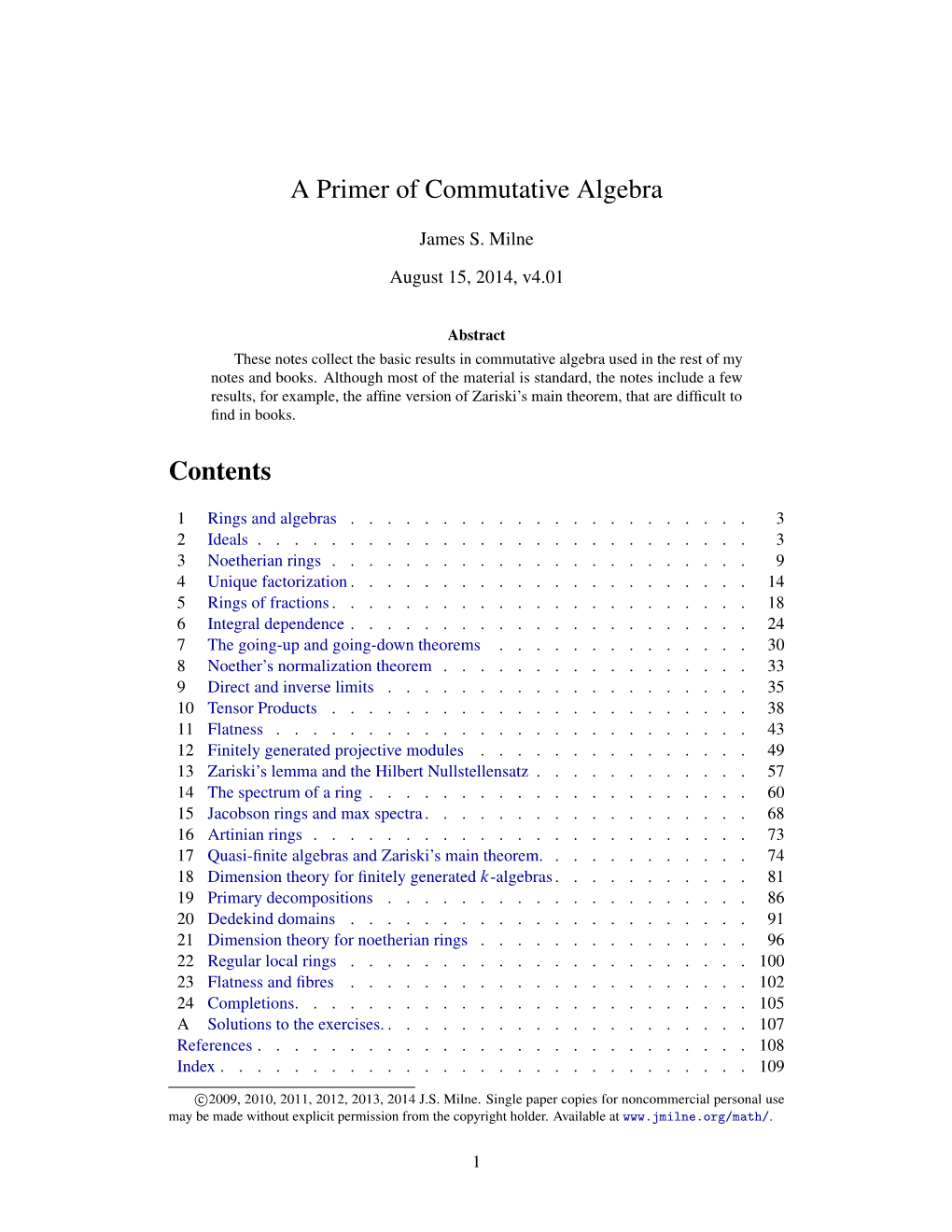 A Primer of Commutative Algebra