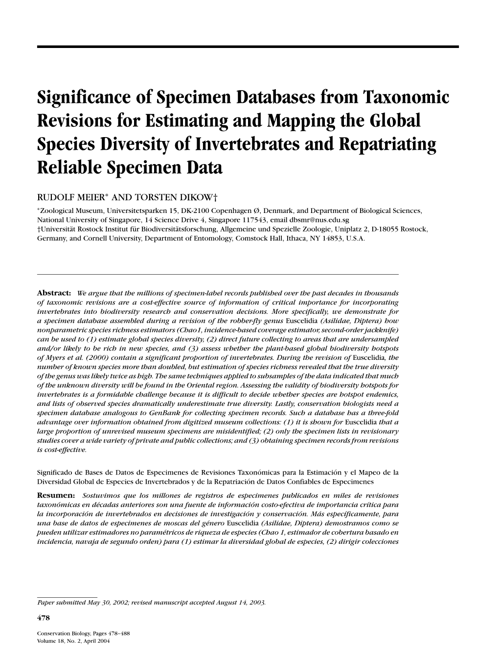 Significance of Specimen Databases from Taxonomic Revisions For