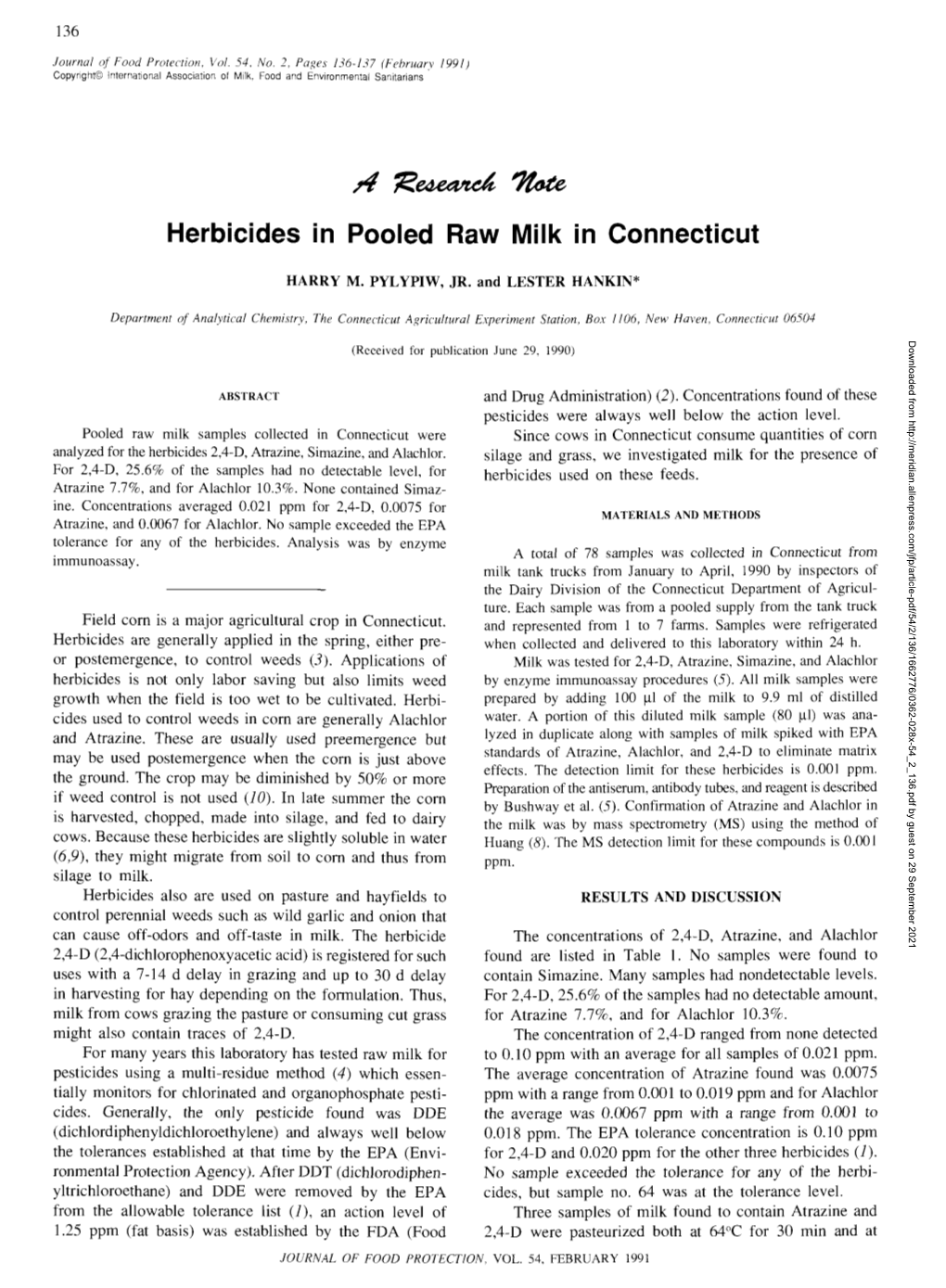 Herbicides in Pooled Raw Milk in Connecticut