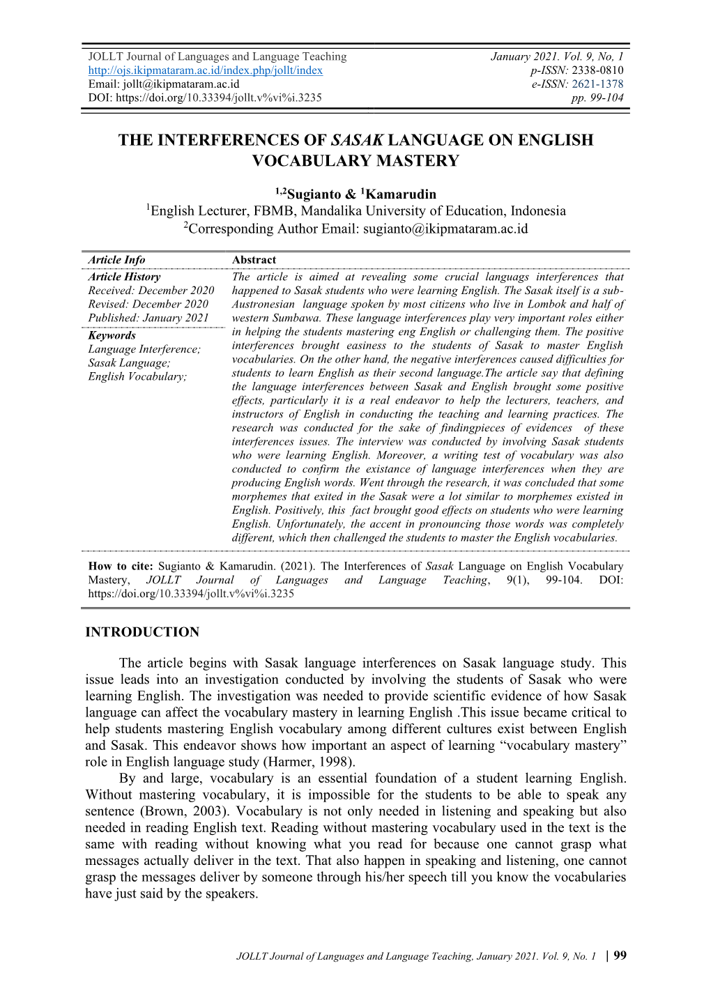 The Interferences of Sasak Language on English Vocabulary Mastery