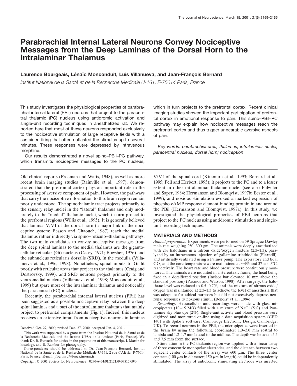 Parabrachial Internal Lateral Neurons Convey Nociceptive Messages from the Deep Laminas of the Dorsal Horn to the Intralaminar Thalamus