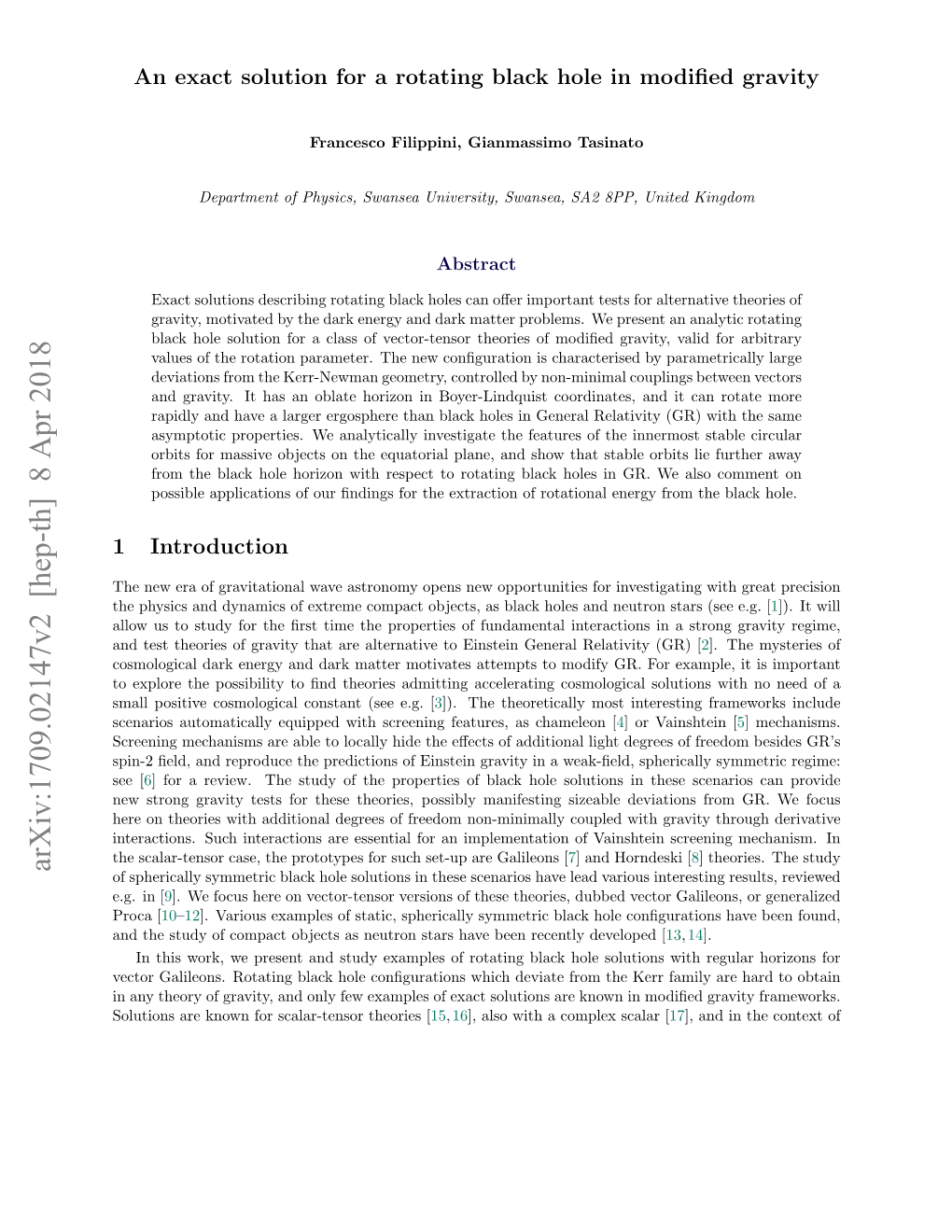 Arxiv:1709.02147V2 [Hep-Th] 8 Apr 2018 of Spherically Symmetric Black Hole Solutions in These Scenarios Have Lead Various Interesting Results, Reviewed E.G