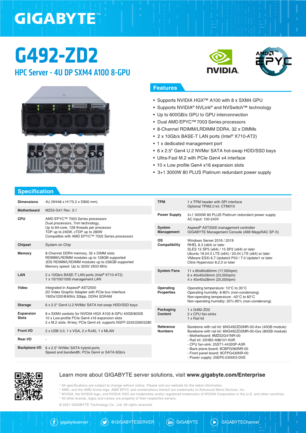 G492-ZD2 HPC Server - 4U DP SXM4 A100 8-GPU