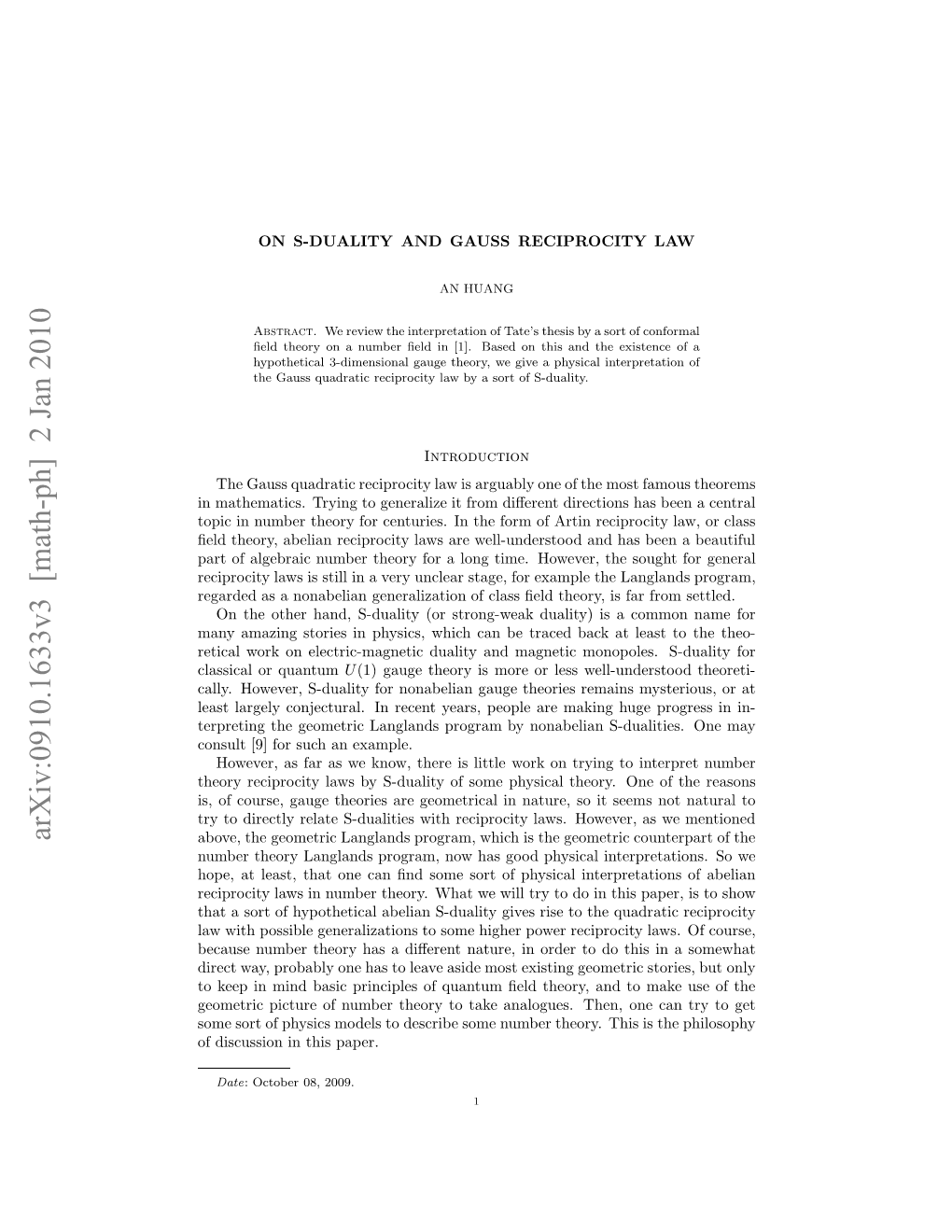 On S-Duality and Gauss Reciprocity Law 3