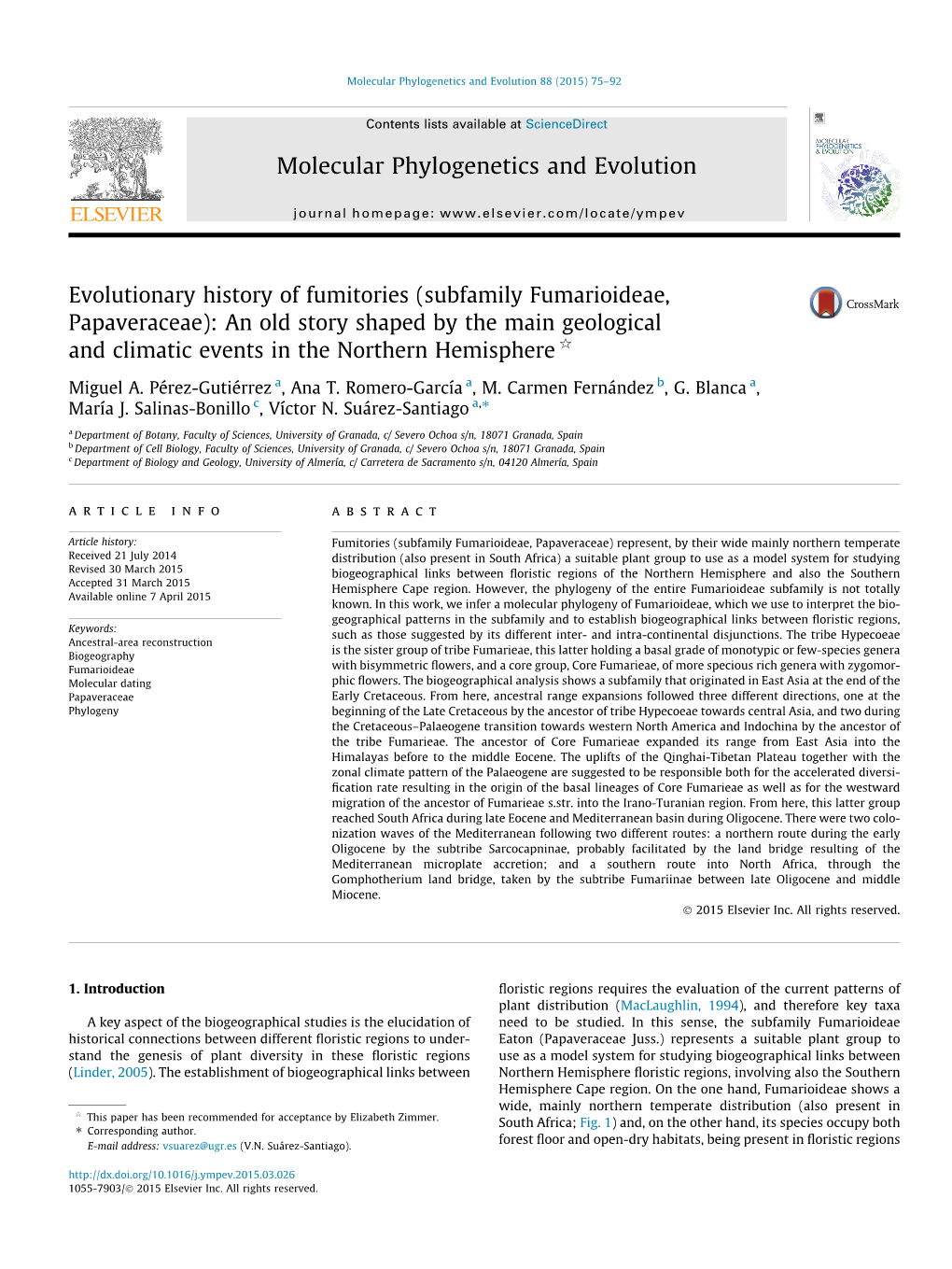 Evolutionary History of Fumitories (Subfamily Fumarioideae, Papaveraceae): an Old Story Shaped by the Main Geological and Climatic Events in the Northern Hemisphere Q