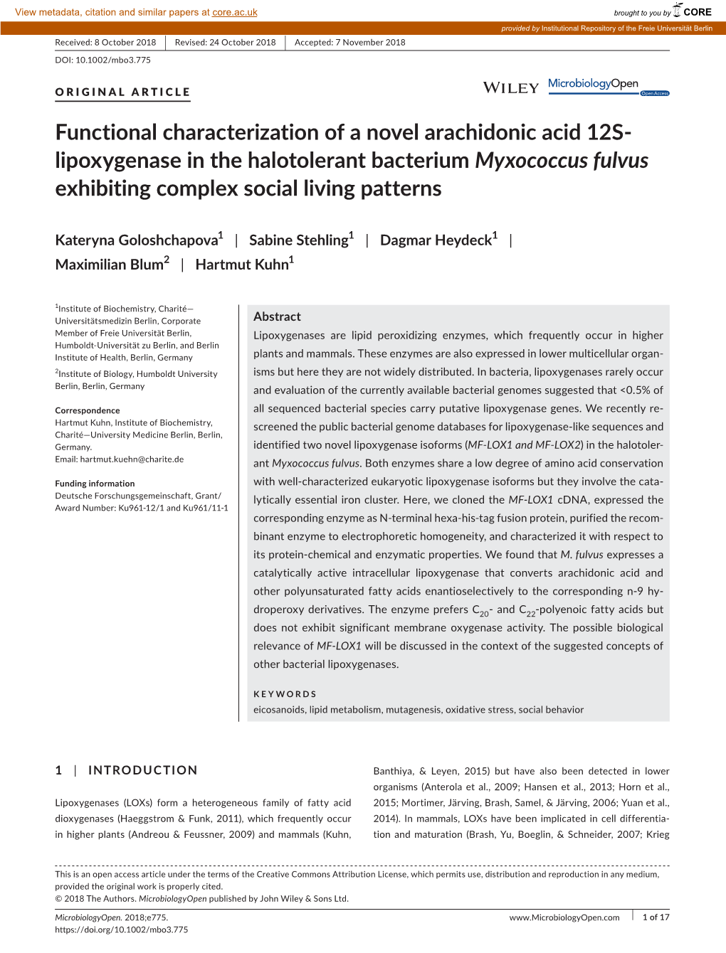 Functional Characterization of a Novel Arachidonic Acid 12S‐Lipoxygenase in the Halotolerant Bacterium Myxococcus Fulvus Exhib