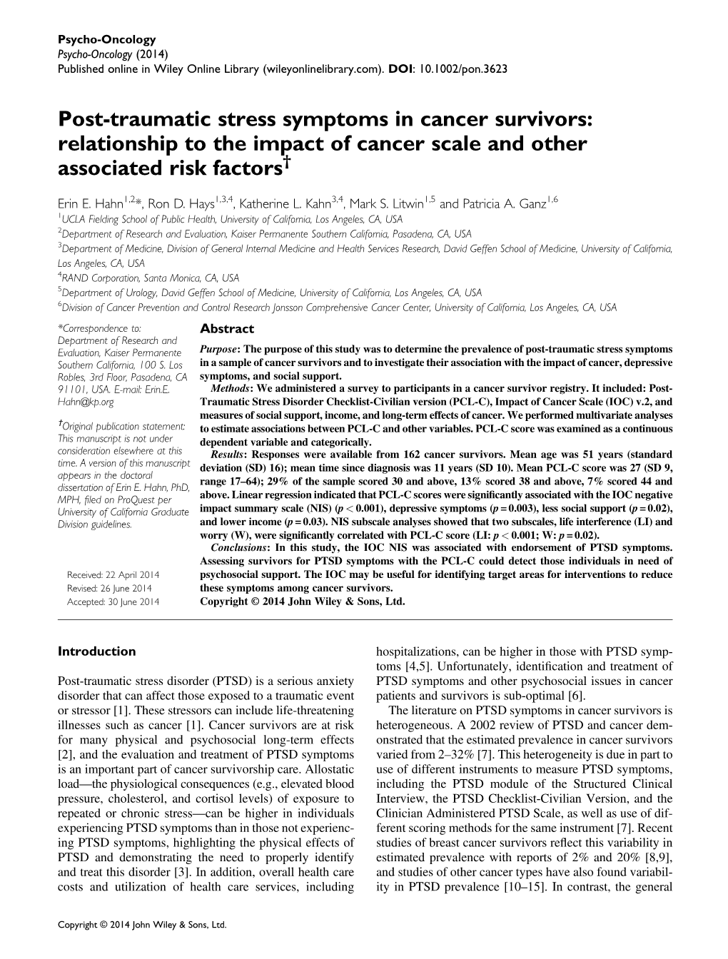 Post-Traumatic Stress Symptoms in Cancer Survivors: Relationship to the Impact of Cancer Scale and Other † Associated Risk Factors