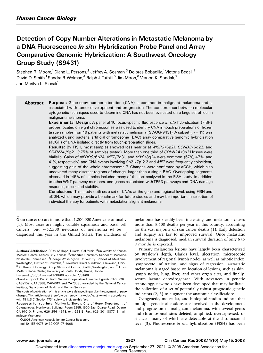 Detection of Copy Number Alterations in Metastatic Melanoma by a DNA