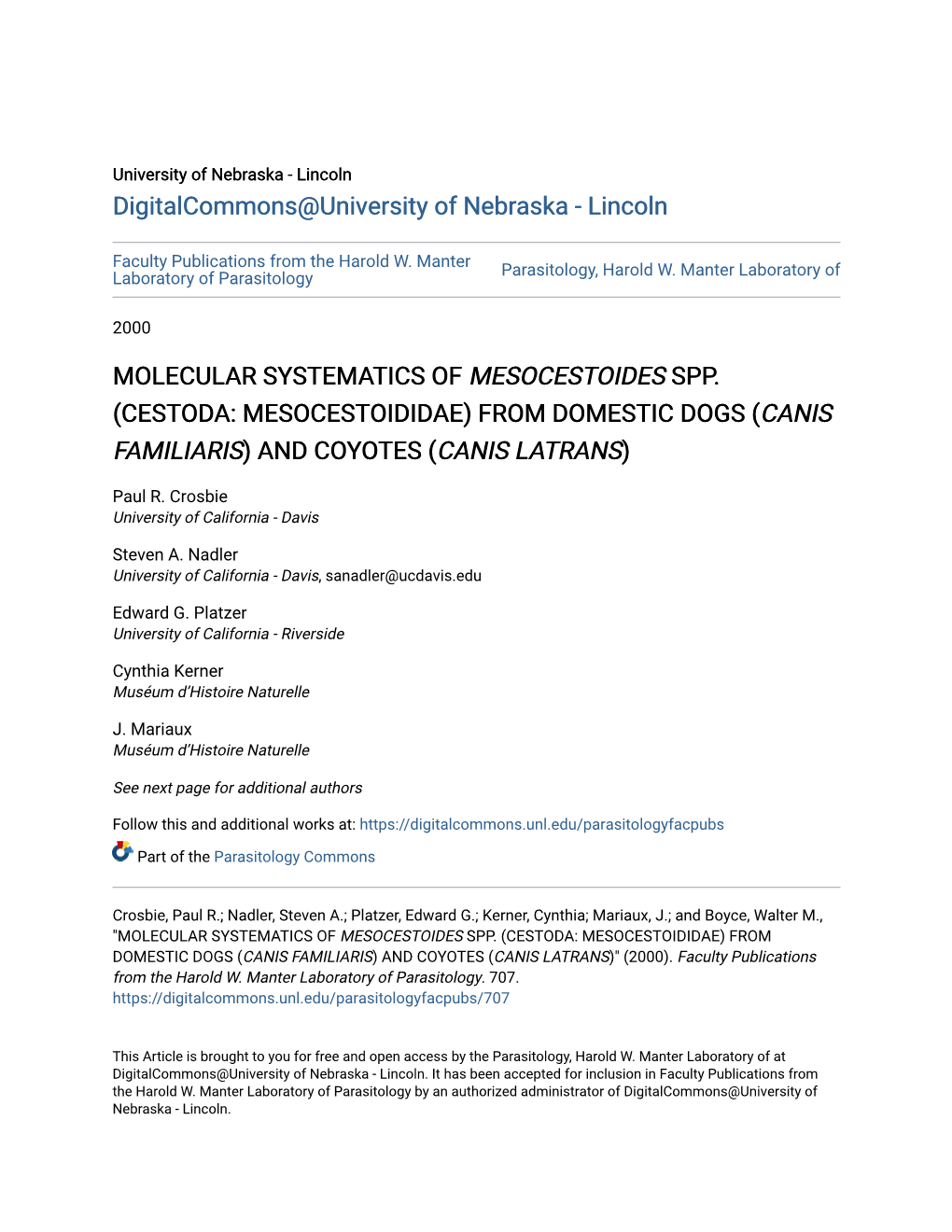 Cestoda: Mesocestoididae) from Domestic Dogs (Canis Familiaris) and Coyotes (Canis Latrans