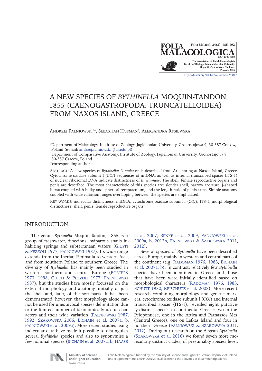 A New Species of Bythinella Moquin-Tandon, 1855 (Caenogastropoda: Truncatelloidea) from Naxos Island, Greece