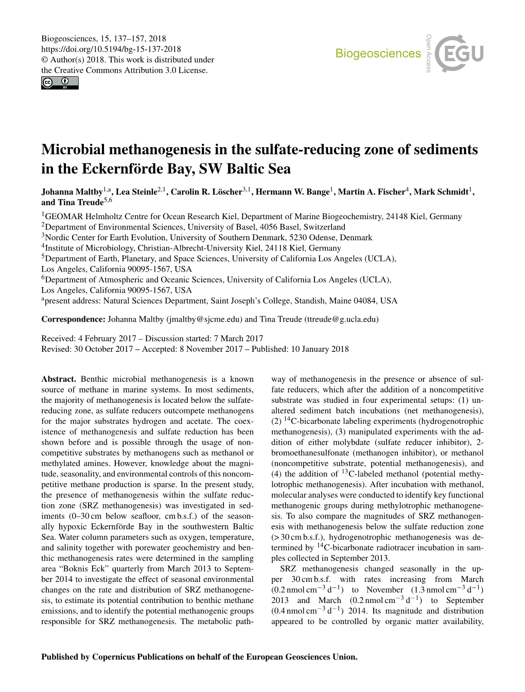 Microbial Methanogenesis in the Sulfate-Reducing Zone of Sediments in the Eckernförde Bay, SW Baltic Sea