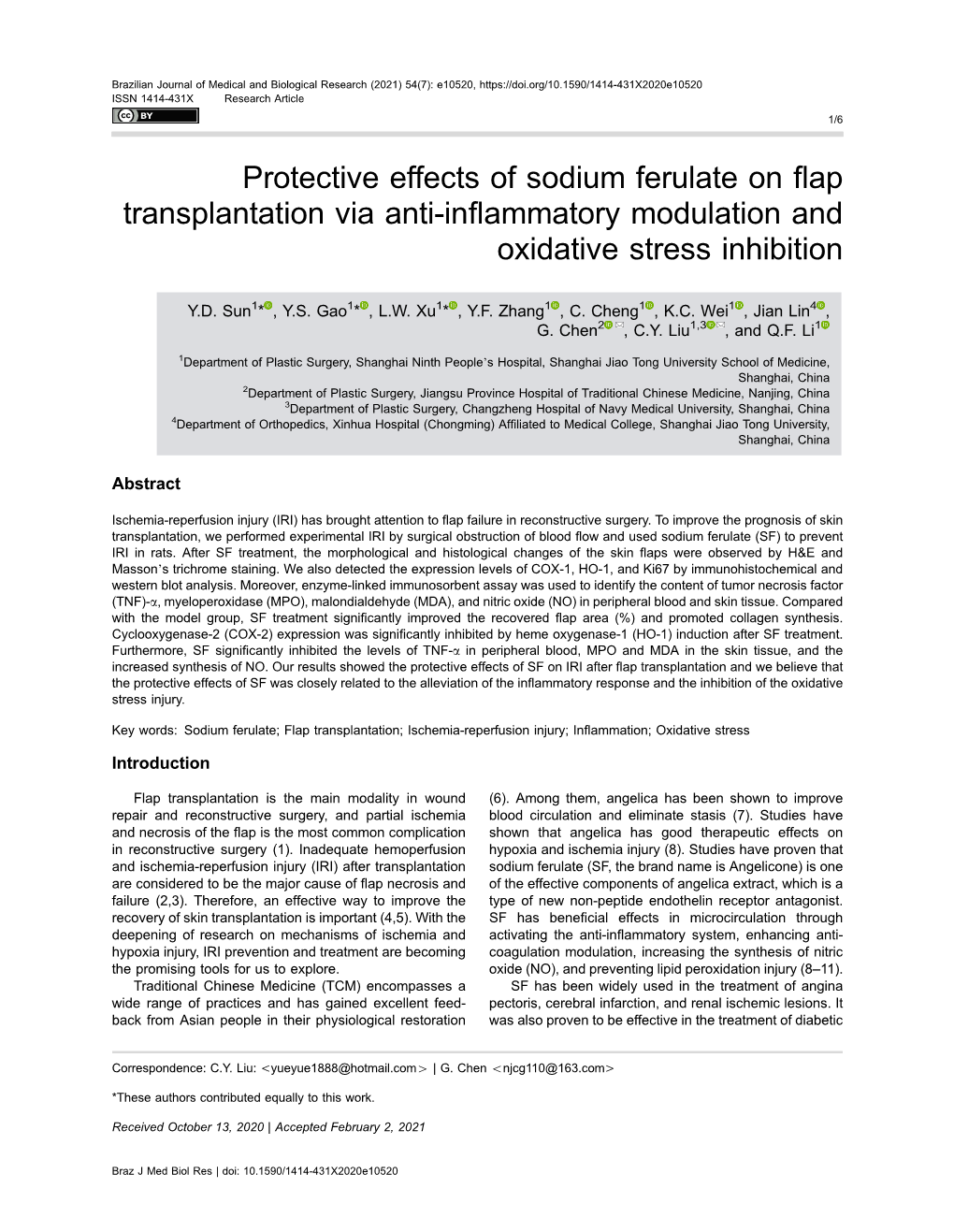 Protective Effects of Sodium Ferulate on Flap Transplantation Via Anti