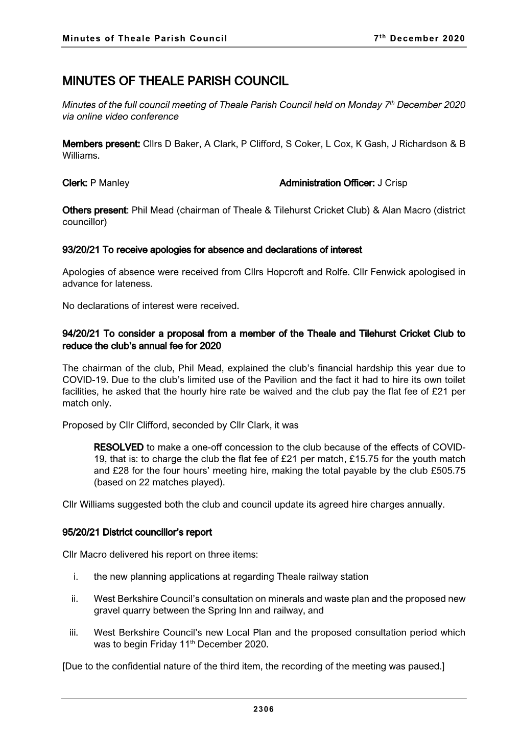 Minutes of Theale Parish Council 7 Th December 2020