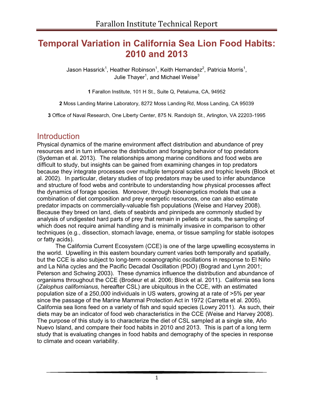 Temporal Variation in California Sea Lion Food Habits: 2010 and 2013