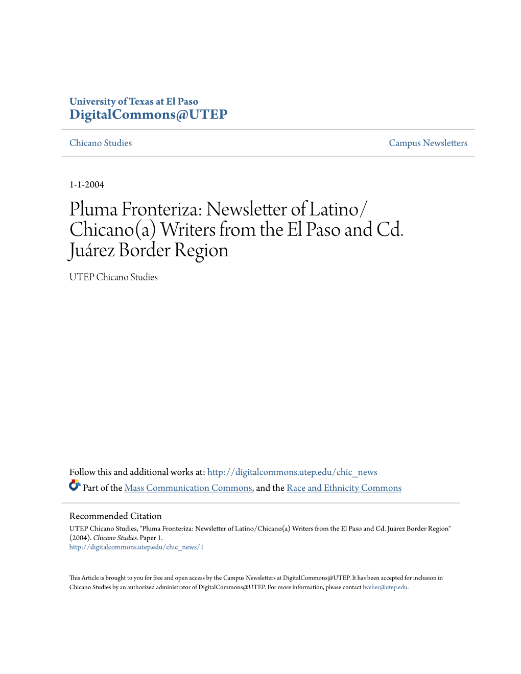 Pluma Fronteriza: Newsletter of Latino/Chicano(A) Writers from the El Paso and Cd