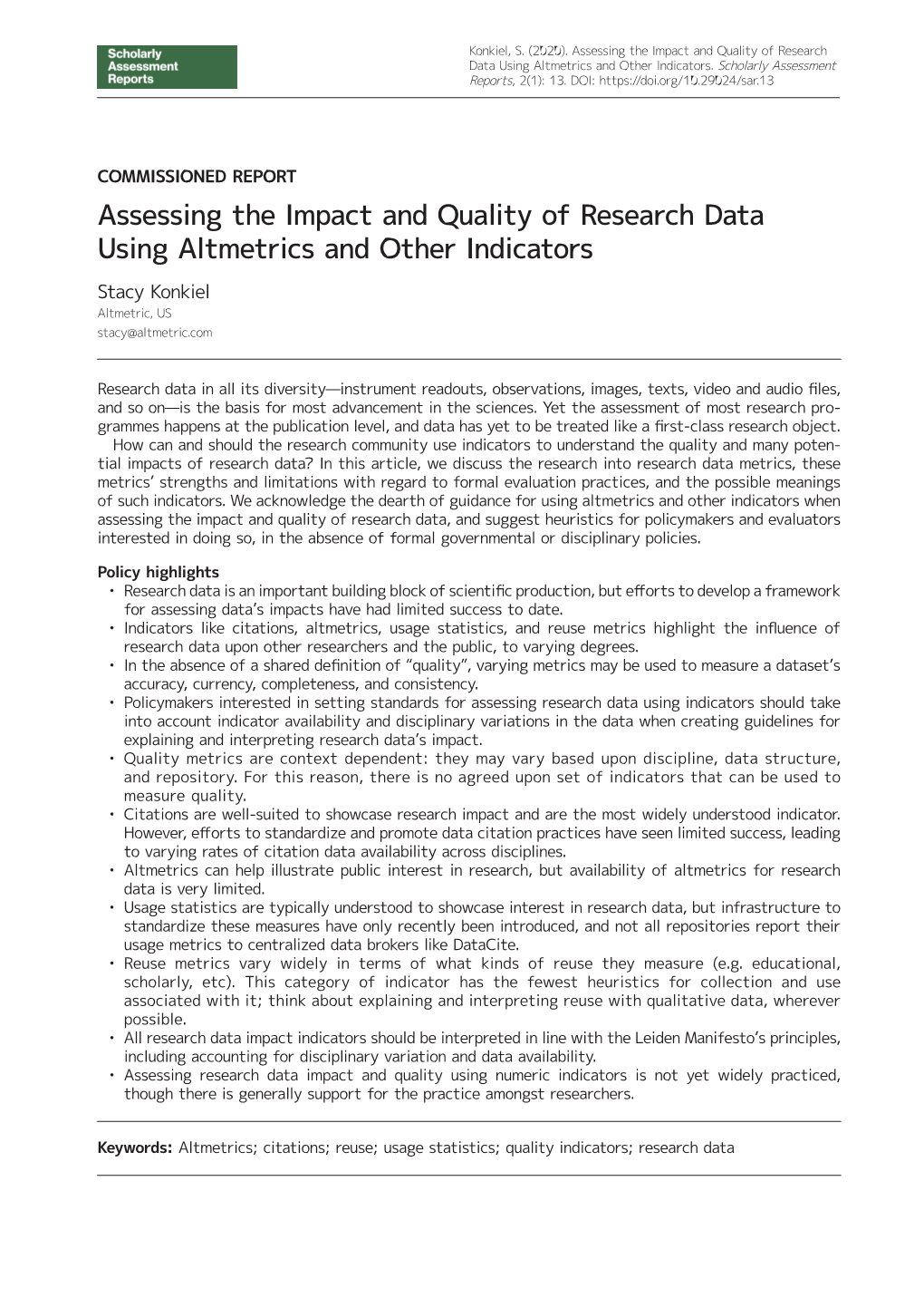 Assessing the Impact and Quality of Research Data Using Altmetrics and Other Indicators