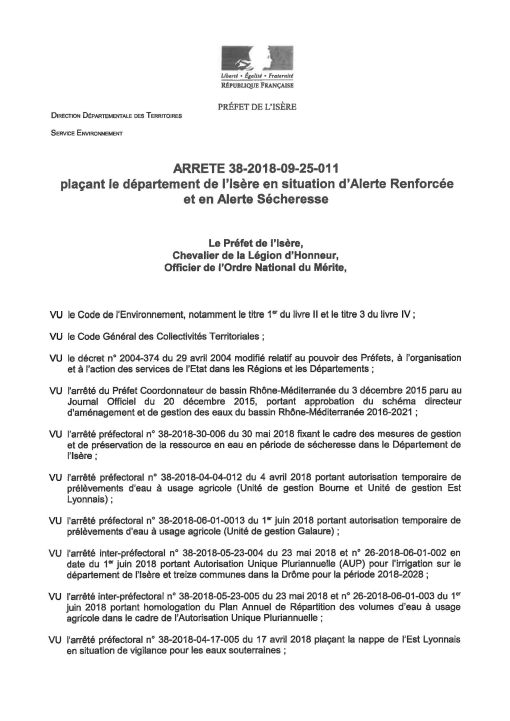 Plaçant Le Département De L'isère En Situation D'alerte Renforcée Et En Alerte Sécheresse