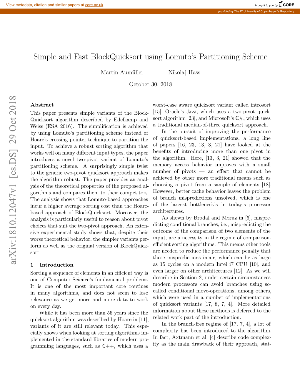 Arxiv:1810.12047V1 [Cs.DS] 29 Oct 2018 Es EA21) H Ipicto Sachieved Is Simpliﬁcation the 2016)