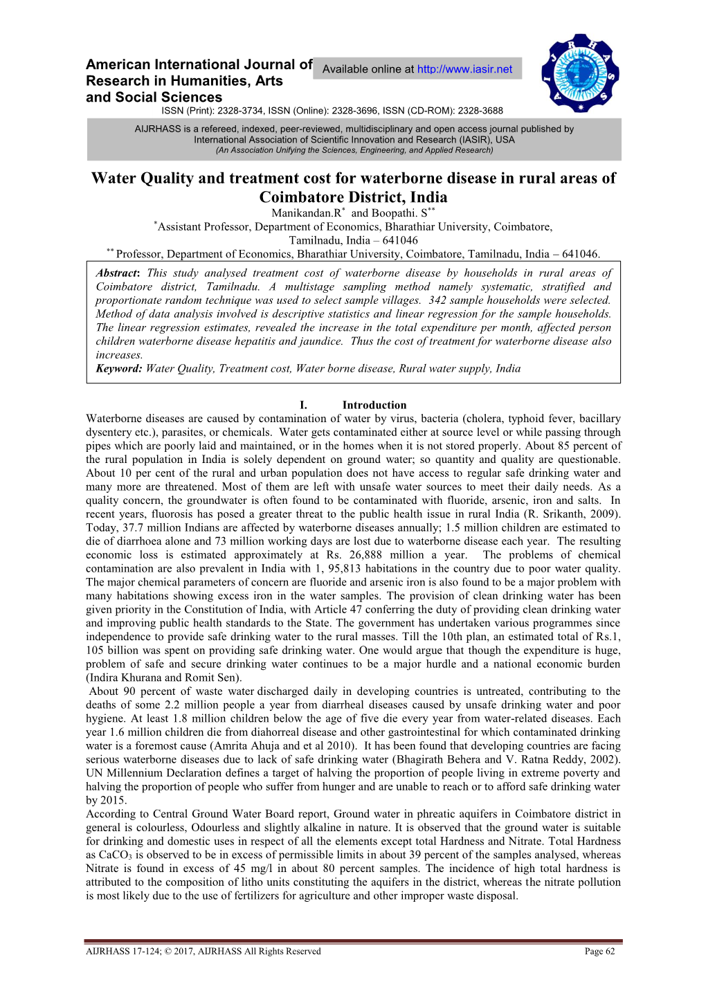 Water Quality and Treatment Cost for Waterborne Disease in Rural Areas of Coimbatore District, India Manikandan.R* and Boopathi